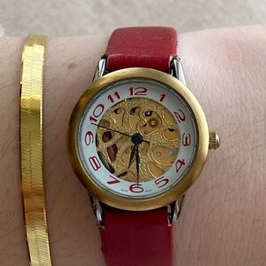 Vintage Timex with Exposed Golden Gears and Red Genuine Leather Band